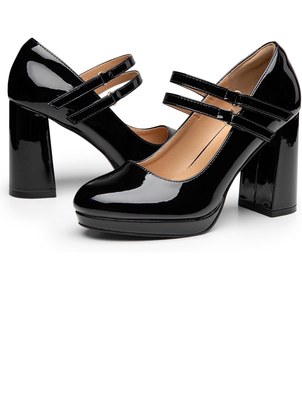 Trary Black Patent Double-Strap Mary Jane Block Heels